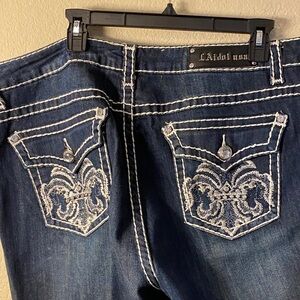 L.A. idol Dark Blue Embroidered Boot Cut Jeans with Rhinestone Back Pockets